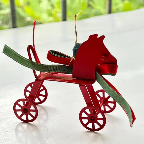 Vintage Rocking Horse Christmas Tree Ornament Red Diecast Metal Holly Taiwan - Picture 2 of 9
